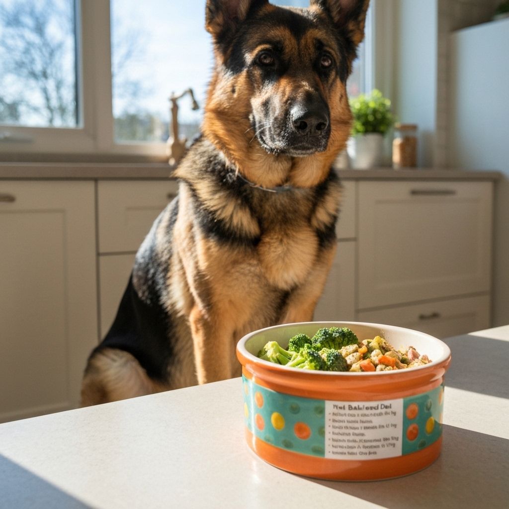 Healthy German Shepherd with nutritious food