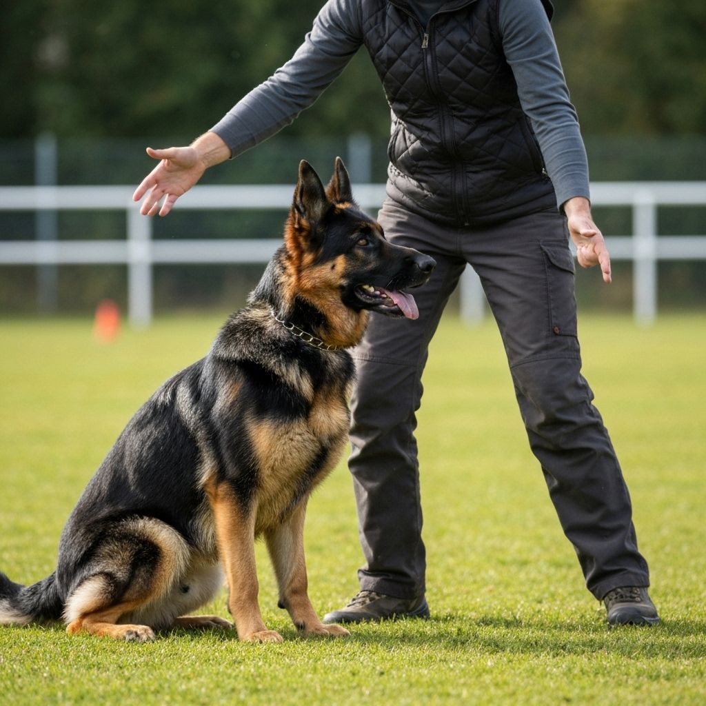 German Shepherd learning commands during training