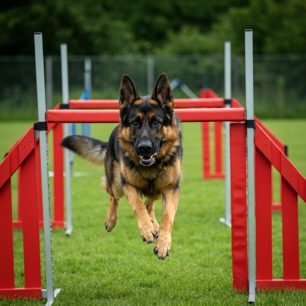 German Shepherd performing agility training exercises
