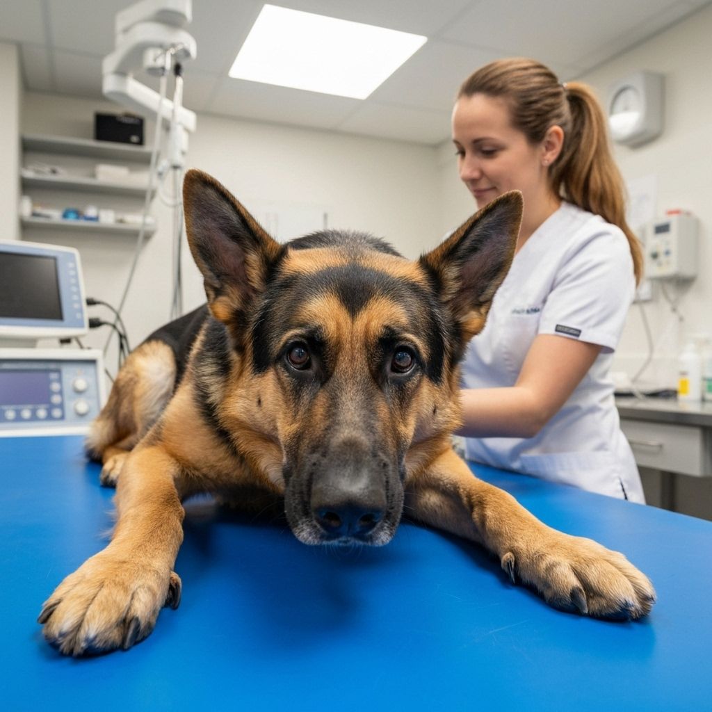 German Shepherd receiving emergency veterinary care for bloat