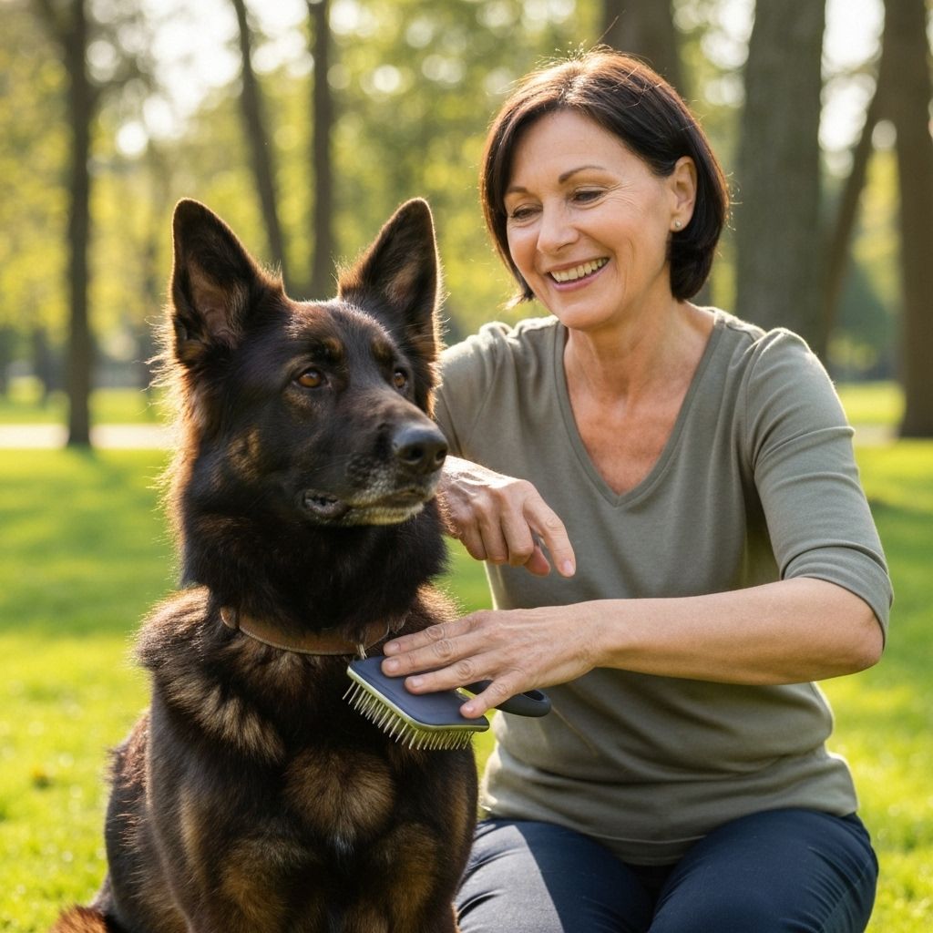 Demonstration of proper brushing technique on a German Shepherd
