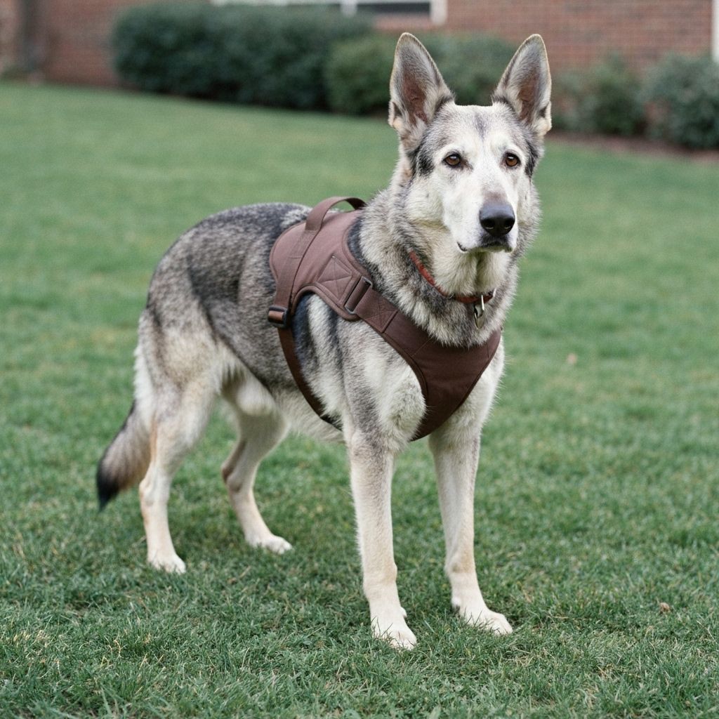 Senior German Shepherd with degenerative myelopathy using mobility support
