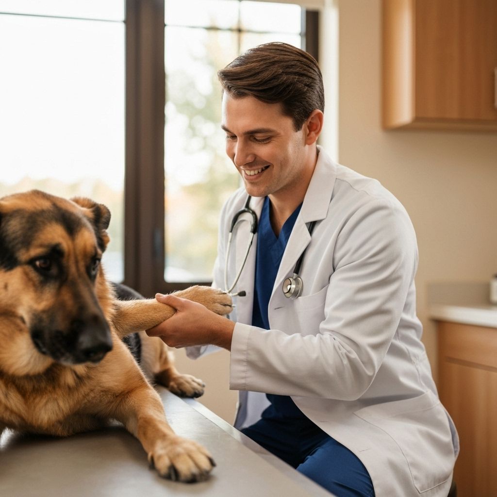 Veterinarian examining German Shepherd for elbow dysplasia
