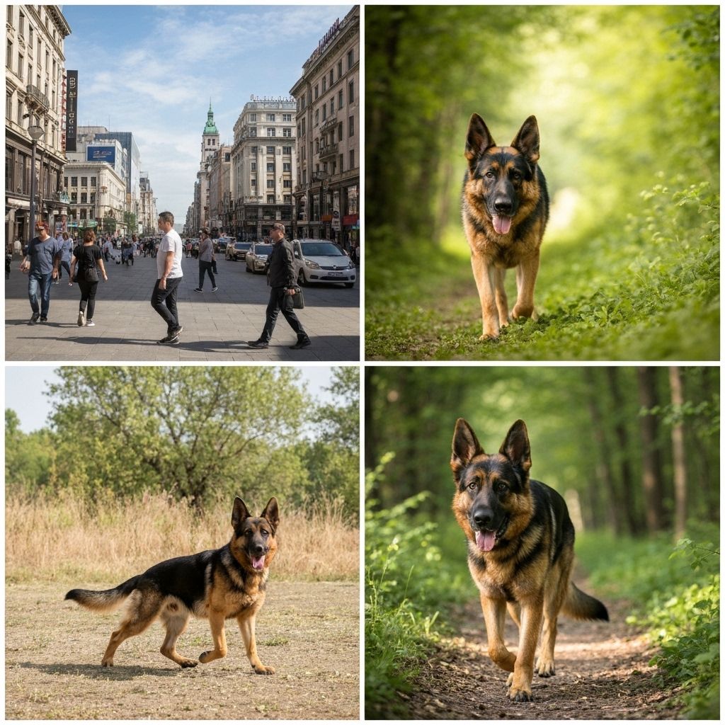 German Shepherd exploring different environments