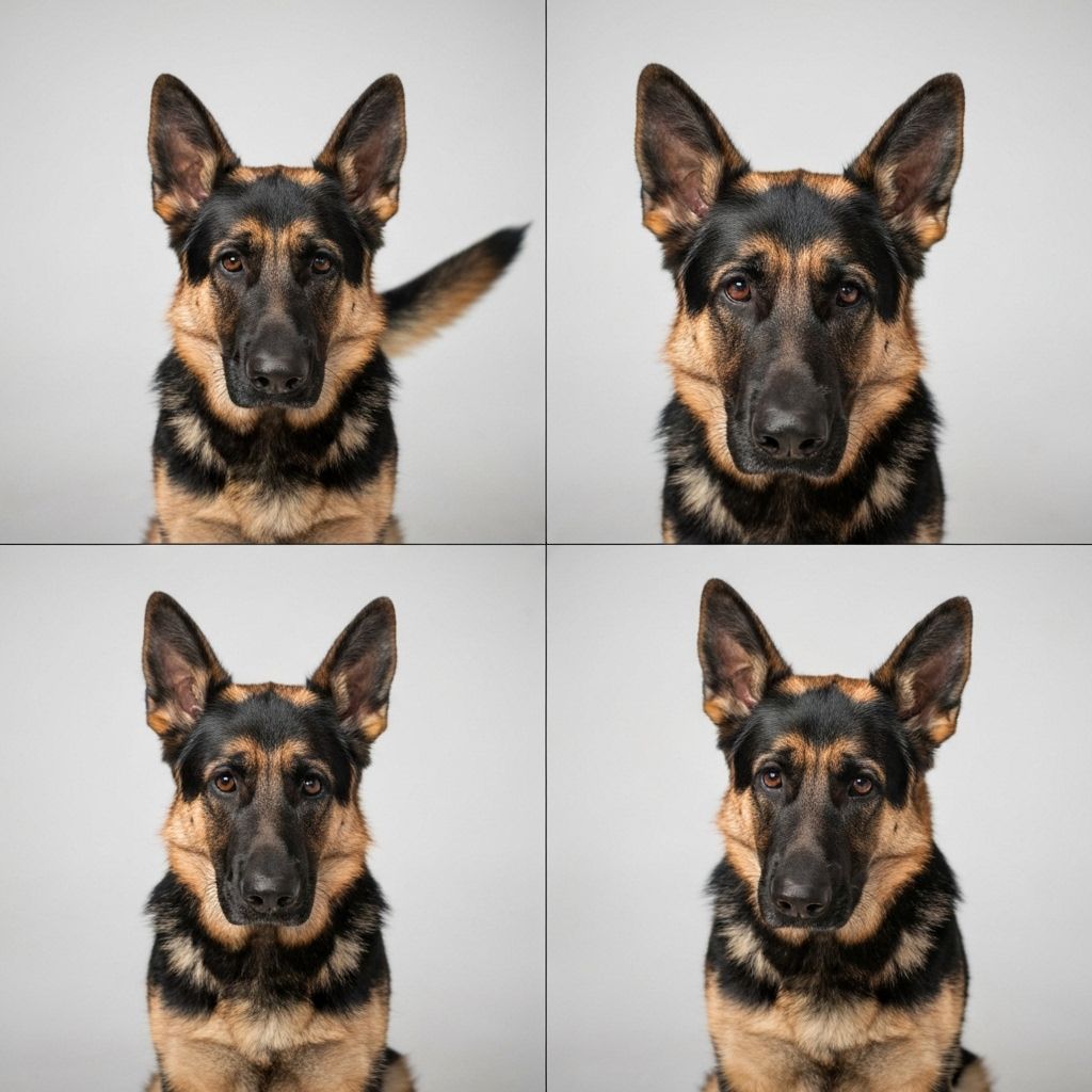 German Shepherd showing various facial expressions and emotional states