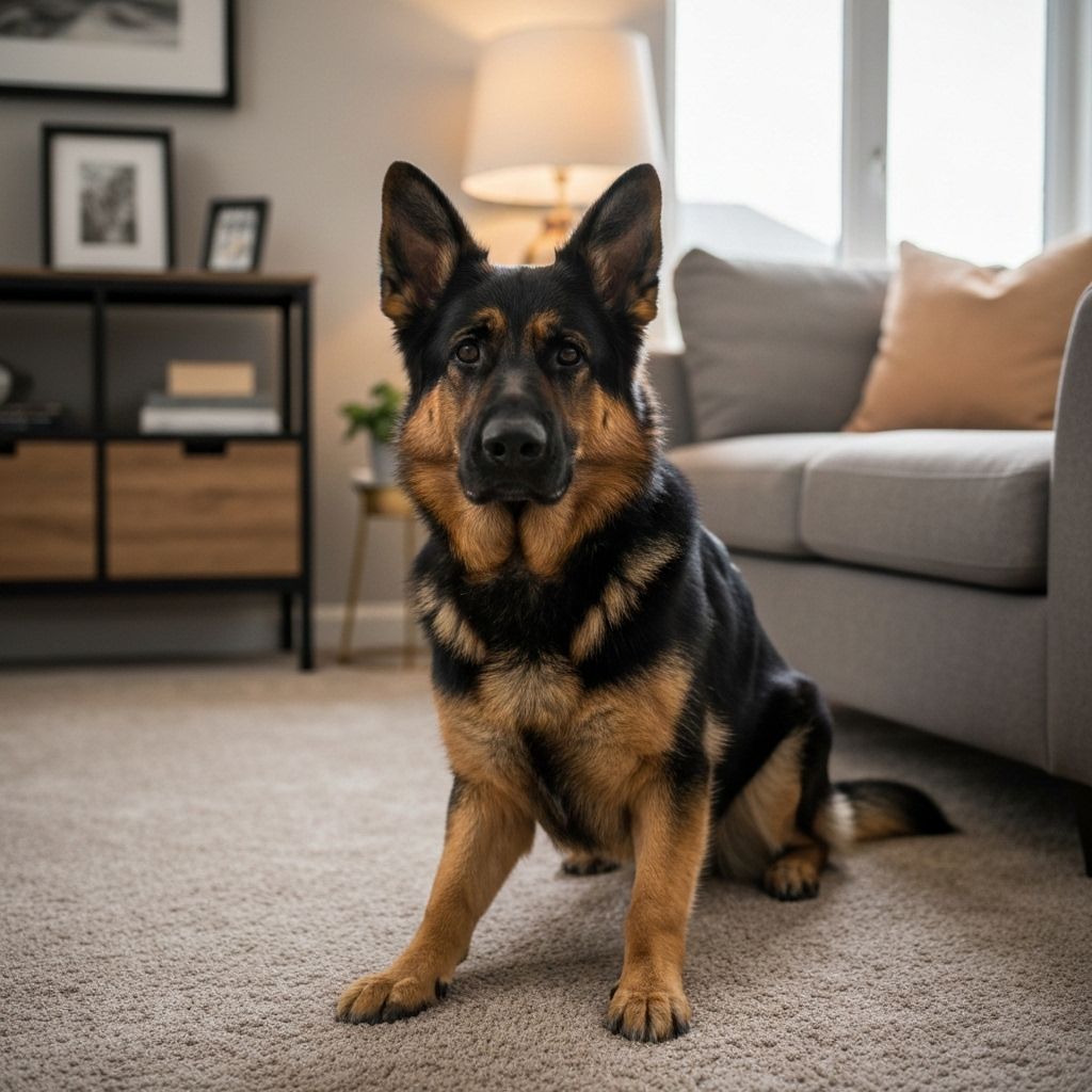 Well-trained German Shepherd enjoying freedom in home