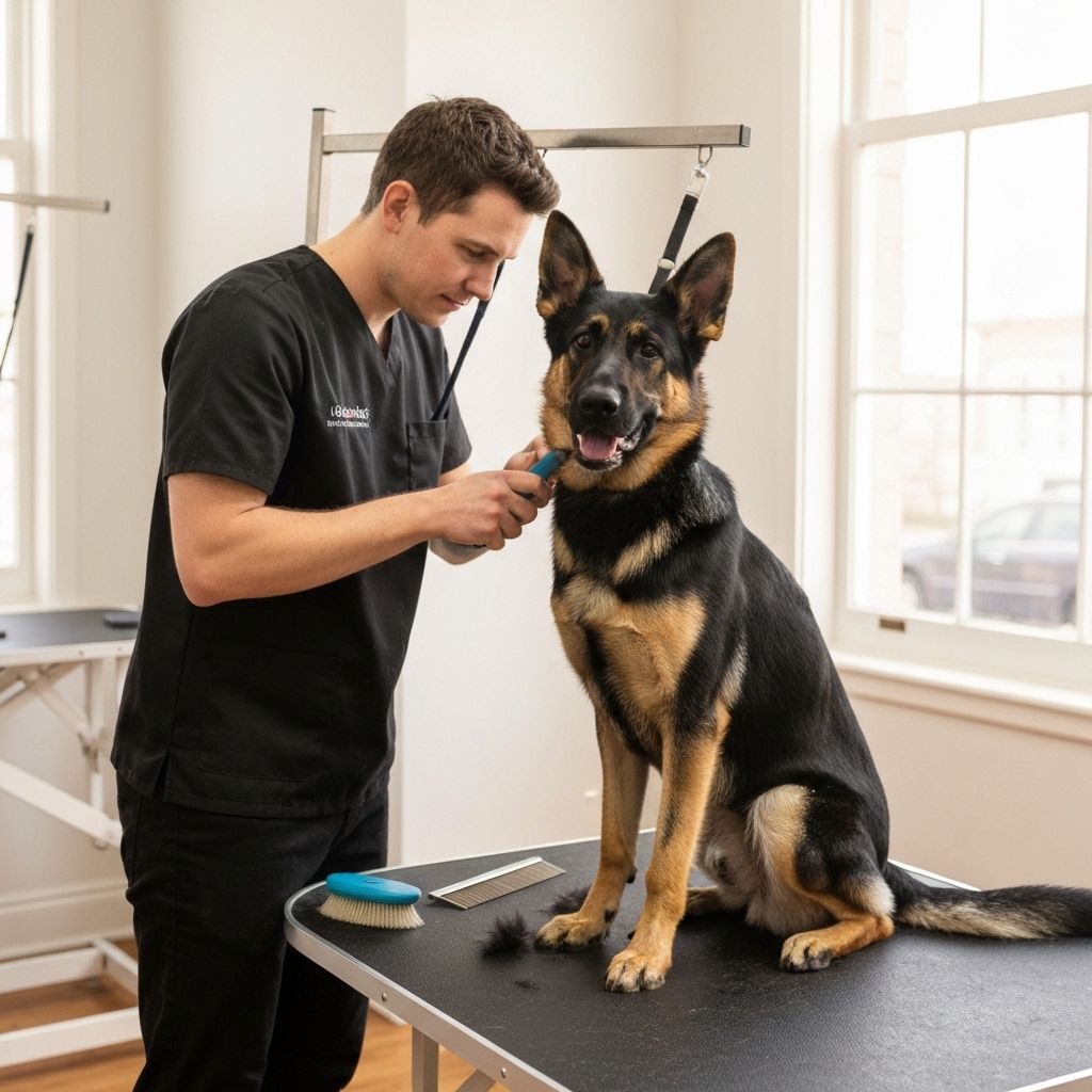 Professional grooming of a German Shepherd showing proper brushing technique