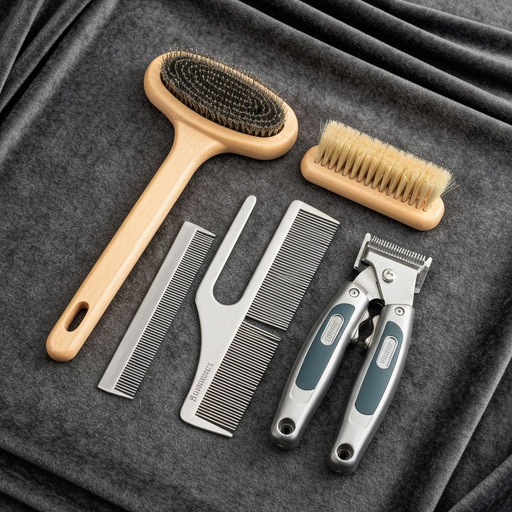 Complete set of German Shepherd grooming tools including brushes, combs, and clippers