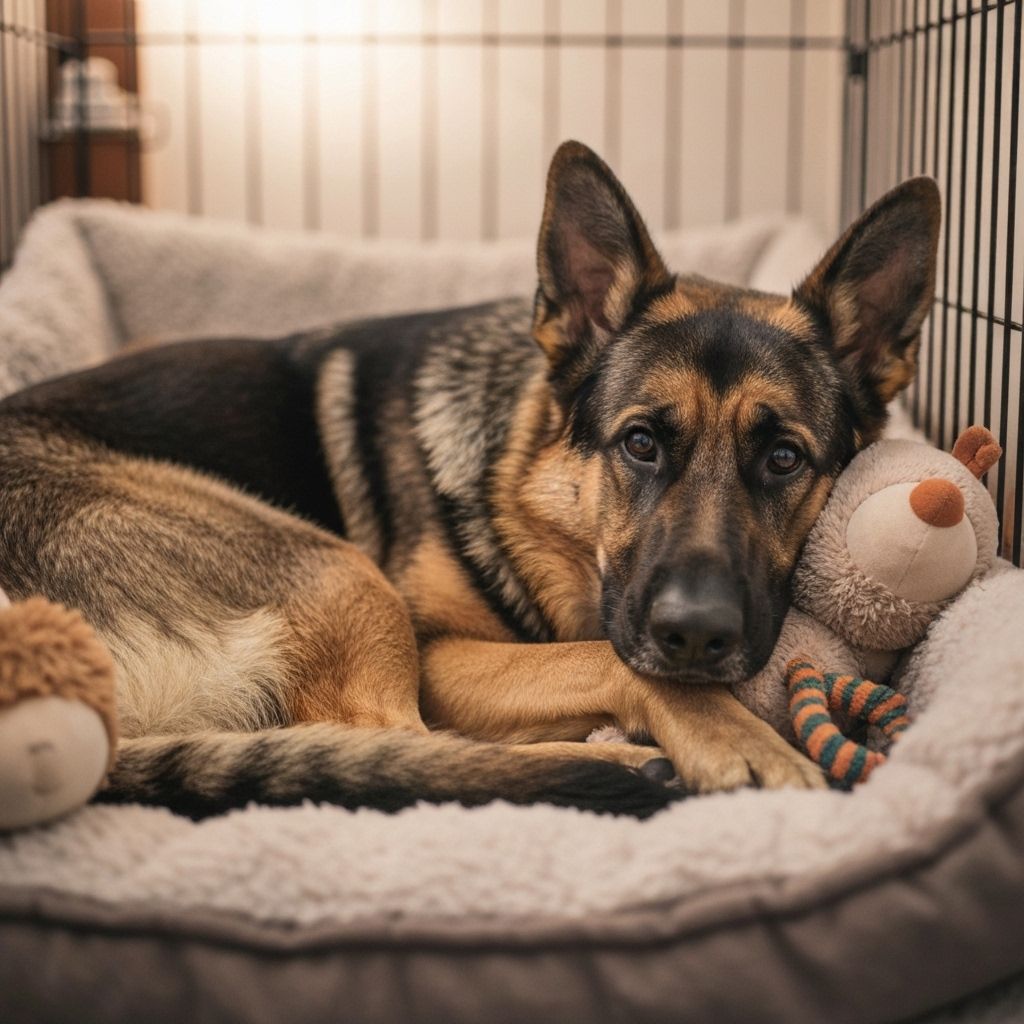 Happy German Shepherd resting in crate with toys