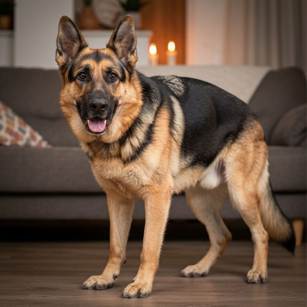 German Shepherd showing signs of hip discomfort and mobility issues