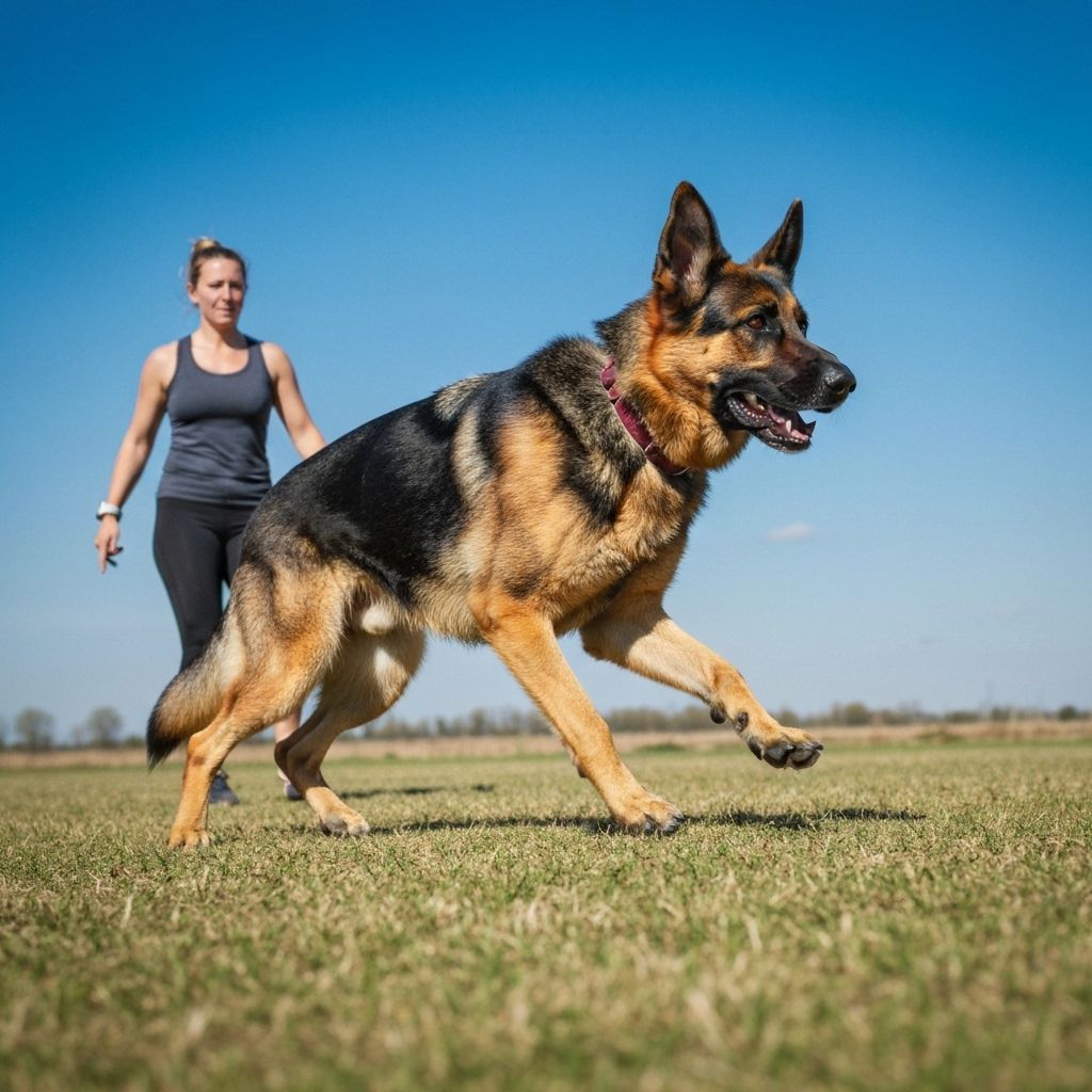 German Shepherd training off-leash in open field