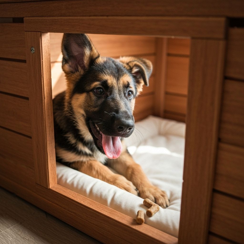 German Shepherd puppy being introduced to crate with treats
