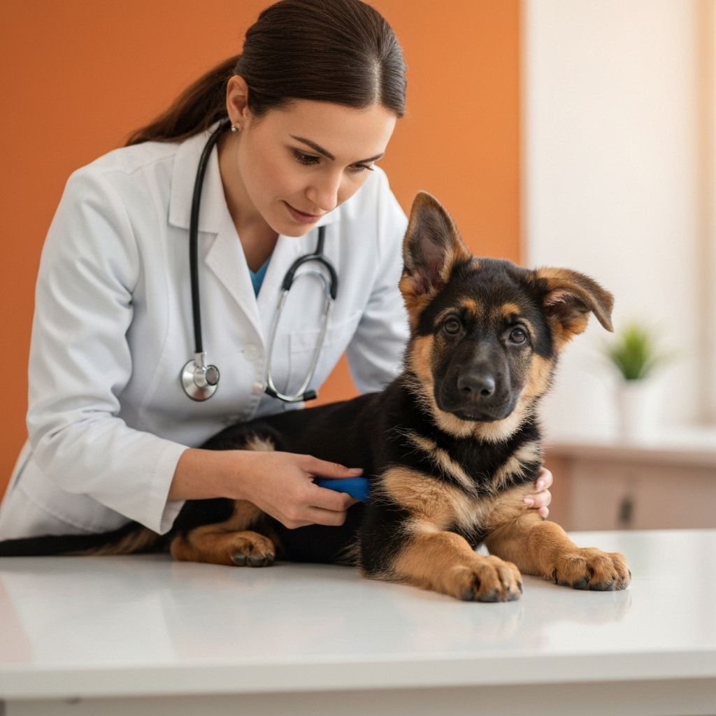 Veterinarian performing health screening on German Shepherd puppy