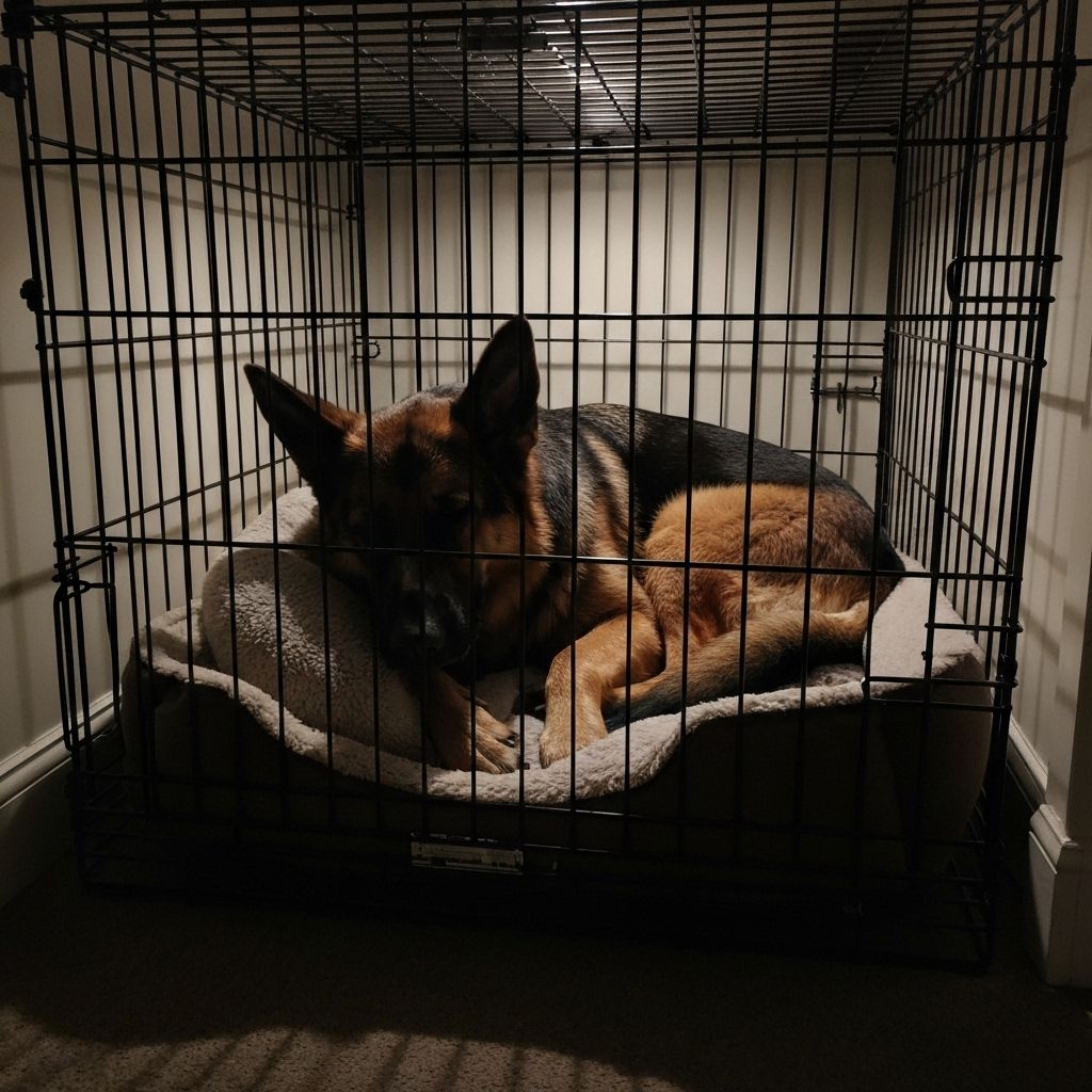 German Shepherd peacefully sleeping in crate
