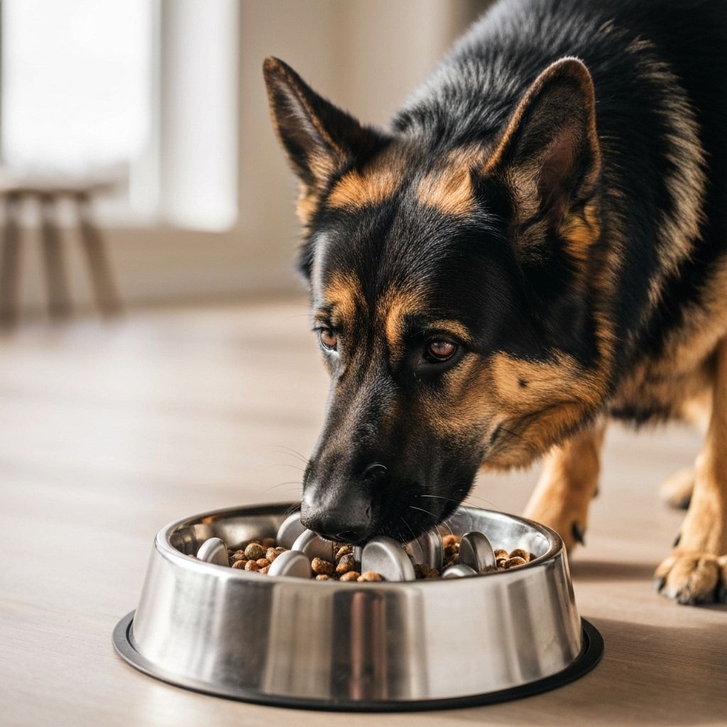 German Shepherd eating from slow feeder bowl to prevent bloat