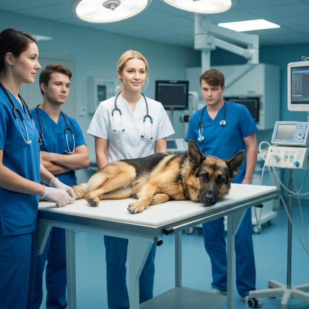 German Shepherd receiving emergency veterinary care for bloat treatment