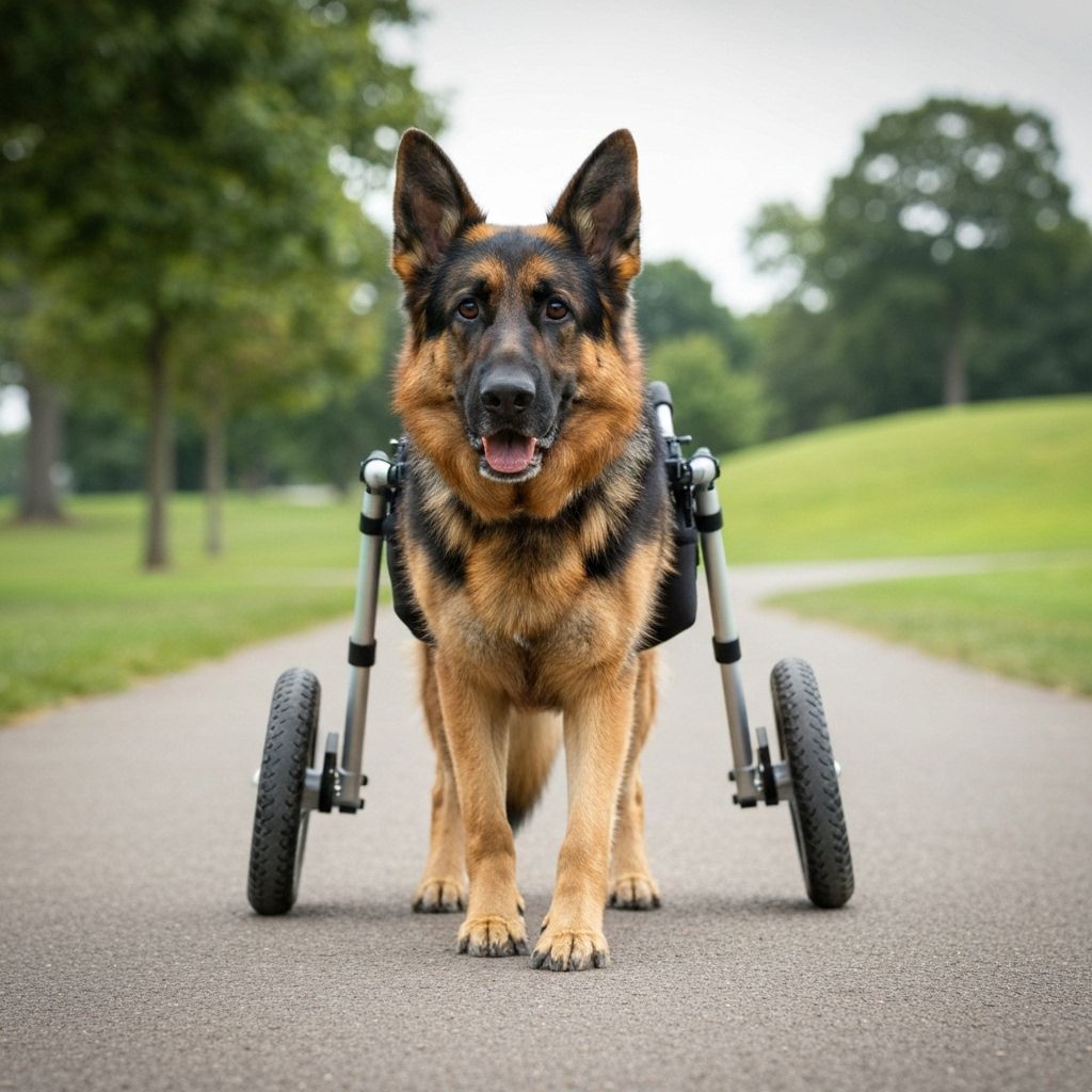 German Shepherd using wheelchair mobility aid for degenerative myelopathy support