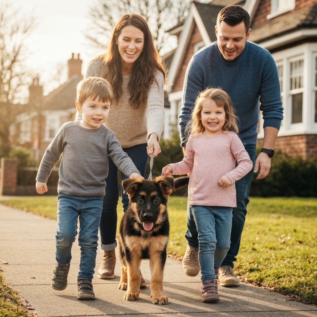 Happy family bringing home their new German Shepherd puppy
